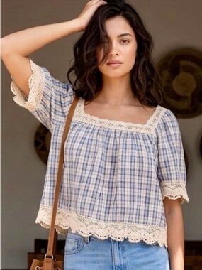 NWOT Square-Neck Plaid Lace-Trim Blouse in Blue and Cream in M & L